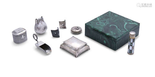A CONTINENTAL MALACHITE AND WHITE METAL BOX AND COVER; together with a group of three small white