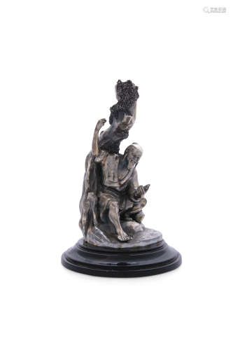 AN ITALIAN WHITE METAL CHINOISERIE GROUP, 20th Century, modelled as a crouched figure by the water