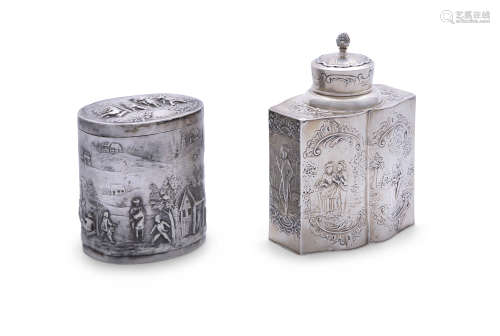 A 19TH CENTURY DUTCH SILVER TEA CADDY AND COVER, bearing import marks .925, chased and embossed with