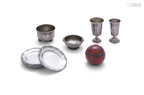 A SMALL COLLECTION OF RUSSIAN AND CONTINENTAL SILVER, comprising two engraved circular salt cellars,