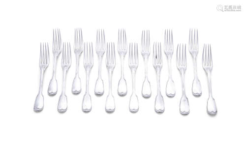 A SET OF FIFTEEN FRENCH WHITE METAL DOUBLE THREADED FIDDLE PATTERN TABLE FORKS, Paris c.1810, each