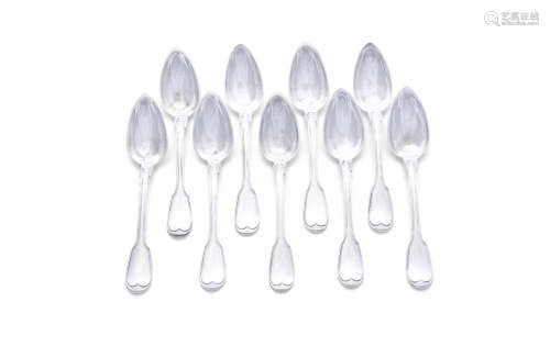 A SET OF NINE FRENCH WHITE METAL DOUBLE THREADED FIDDLE PATTERN TABLE SPOONS, Paris c.1810, each