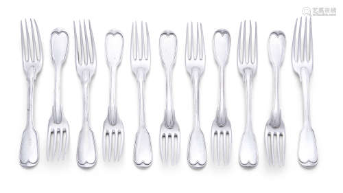 A MATCHED SET OF ELEVEN CONTINENTAL WHITE METAL FIDDLE PATTERN FORKS, double threaded pattern,