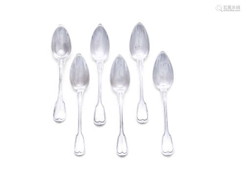 A SET OF SIX FRENCH WHITE METAL DOUBLE THREADED PATTERN TEASPOONS, crested (c.5 troy ozs)