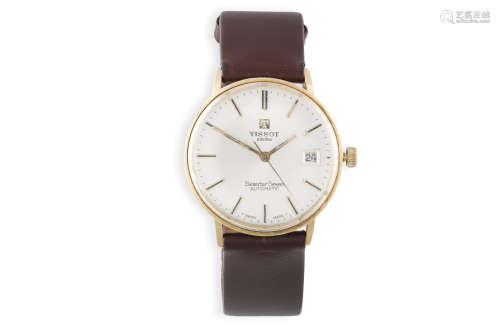 AN 18K GOLD 'SEASTAR SEVEN' AUTOMATIC WATCH, BY TISSOT, the silver dial with baton for numerals