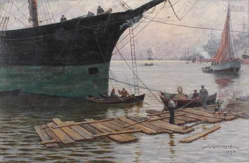 J. Radermacher von 1892, Hafenszene mit schwimmendem Steg und Blick auf Liverpooler Hafen, Öl/