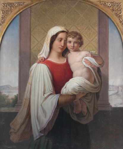 Nazarener Heiligenbild um 1830/40, Maria mit Christus, Öl/Leinwand, wohl italienischer Meister um