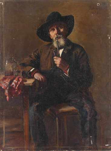 19. Jahrhundert, Portrait eines sitzenden Mannes am Tisch mit Pfeife, signiert SILVIA 1886, wohl