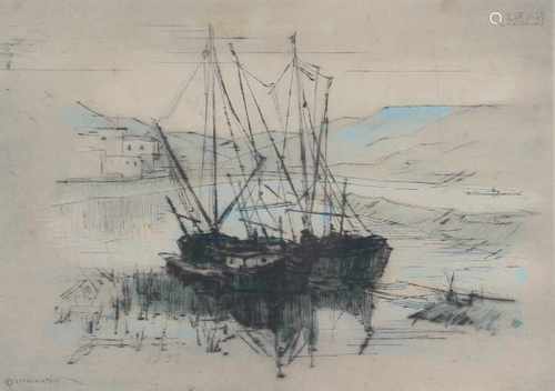 Theo BLUM (1883-1968) Radierung Schiff auf der Mosel im November 1957, Radierung auf Papier, u.