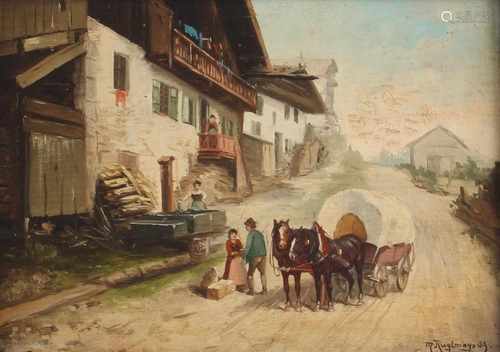 Max KUGLMAYR (1863-c.1930 München) Pferdekutsche mit Bauern am Stadtrand, datiert 1909,Öl/Holz,