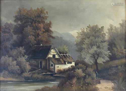 Altmeister des 19. Jahrhunderts, Biedermeier Gemälde, Waldhaus am Fluss,Öl/Leinwand, Biedermeier