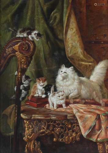 Henriette RONNER (1821-1909) - spielende Katzen auf Prunksessel und Harfe, Öl/Leinwand u.r. signiert