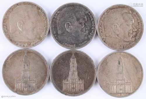 6 Silbermünzen 5 Reichsmark Deutsches Reich 1934-1936,6 Münzen Silber, Reichsmark, davon 2x 1934 B