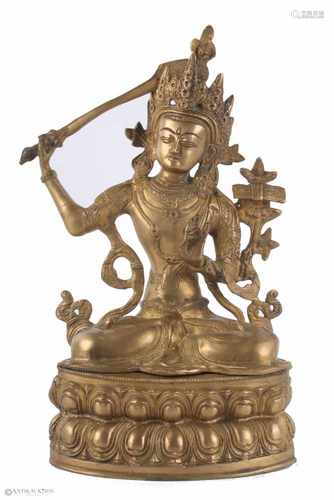 Bronze Buddha Manjushri, Tibet/Nepal, Bronzeskulptur, H 36 cm B 18 cm x T 12 cm, Gottheit der