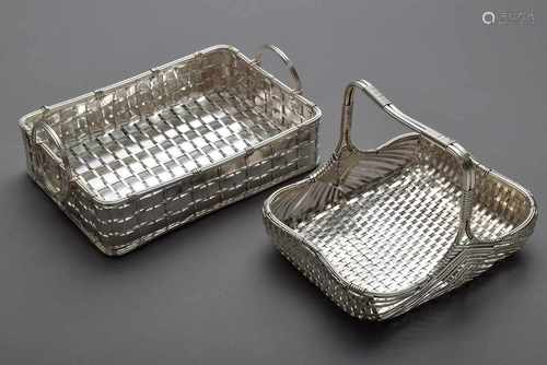 2 Diverse geflochtene Brotkörbe, versilbert, 29x20/23x19cm2 Various plaited bread baskets, silver