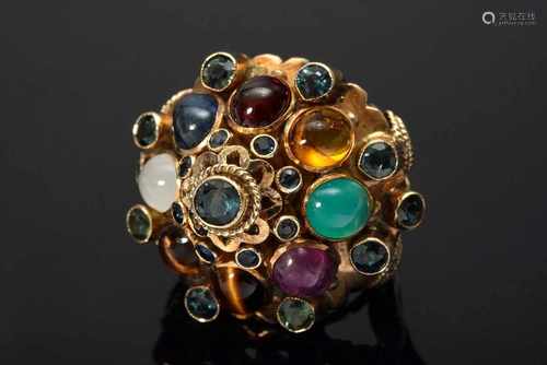 Orientalischer GG 585 Ring mit Cabochons und facettierten Edelsteinen: Rubin, Saphir, Granat,