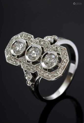 WG 750 Art Deco Ring mit 3 Brillanten und 36 Achtkantdiamanten (zus. ca. 1ct/SI/W), 5,35g, Gr.