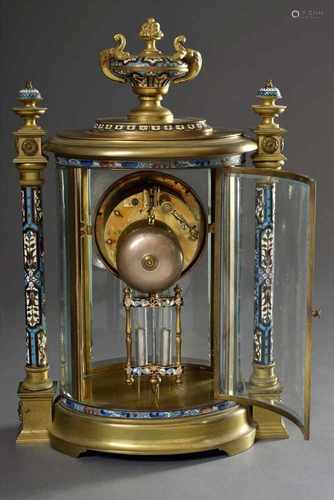 Pendule in ovalem Glasgehäuse mit Champlévé Säulen und Sockel, Quecksilberpendel, Georges Mégnin -