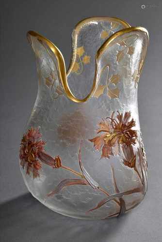 Französische Jugendstil Vase mit 3fach gelipptem Rand und Emaillemalerei 