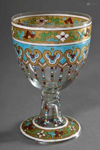 Großes Kelchglas mit opaker orientalischer Emaillebemalung, um 1900, H. 13,5cm, Fuß etwas