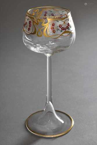 Jugendstil Wein Stängelglas mit feiner Reliefgoldbemalung und Transluzidemaille 