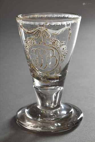 Kleines barockes Kelchglas mit vergoldetem Gravurdekor und ligiertem Monogramm „JJB“, dat. 1790,