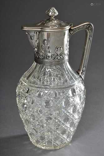 Jugendstil Kristall Krug mit floraler versilberter Montierung und Baccarat Schliff, H. 25cmArt