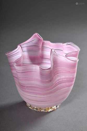 Roséfarbene Murano Glas Schale in Fazzoletto Art, H. 12cmPink Murano glass bowl in Fazzoletto style,