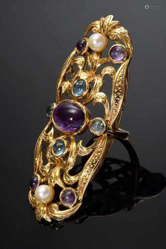 Extravaganter handgearbeiteter GG 750 Ring mit Amethyst- und Aquamarincabochons sowie 2