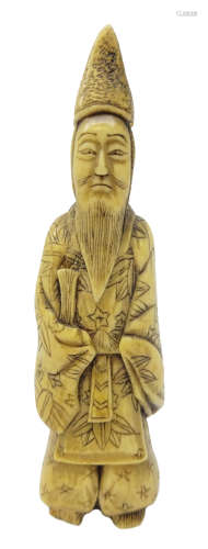 18th/ 19th century Japanese carved bone figure modelled as Jurogin wearing a robe, H10.