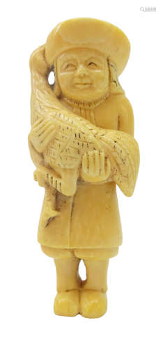 Japanese Meiji ivory Netsuke carved as a Dutchman holding a Cockerel, signed to foot, L7.