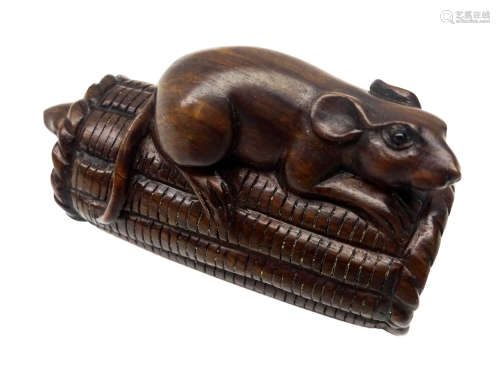 Japanese Meiji boxwood Netsuke carved a rat perched on top of a rice bail & another,