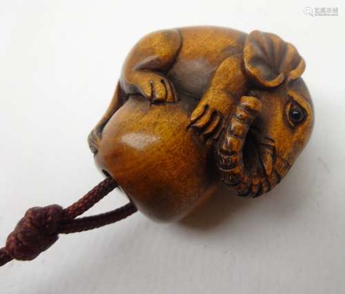 Japanese Meiji boxwood Inro carved as an Elephant with Calf Netsuke inset with glass eyes & ojime,