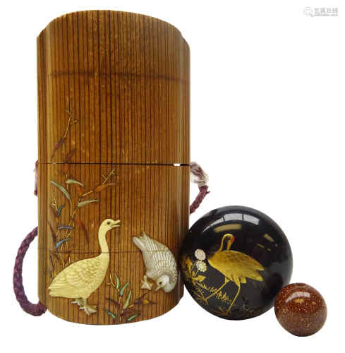 Japanese Meiji Bamboo four case inro with Shibayama decoration,