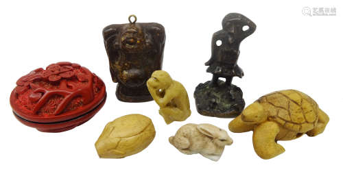 Chinese bonze figural seal, Cinnabar lacquer box and cover of circular form D4cm, Buddha pendant,