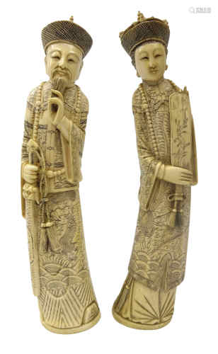 Pair 19th century Chinese carved ivory figures of an Emperor & Empress,