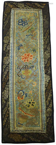 19th century Chinese sleeve panel worked in peking knot & metallic thread with Peonies and objects