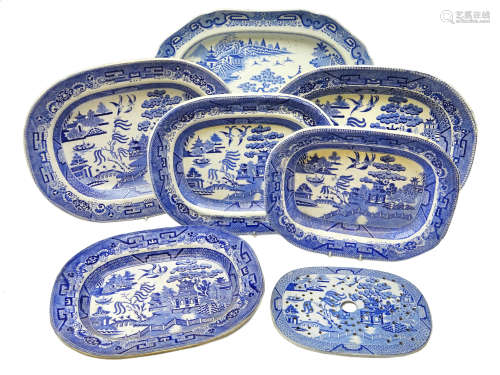 Six 19th century blue and white transfer printed Willow pattern meat plates,