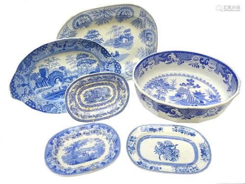 19th century blue and white transfer printed meat plates; Clews Spode printed 'Castle' pattern,