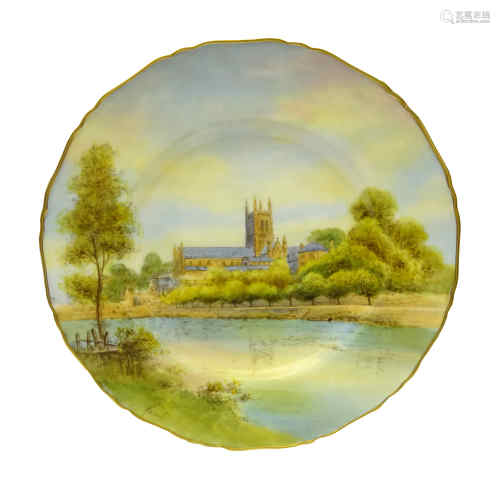 20th century Royal Worcester shaped plate, hand painted with Worcester Cathedral, signed Roberts,