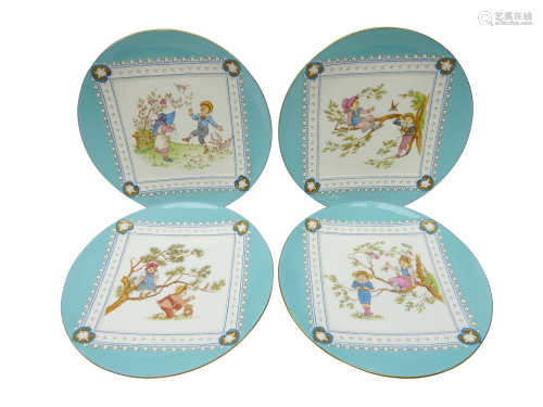 Set of four late Victorian Wedgwood plates hand painted with Children playing in the manner of Kate