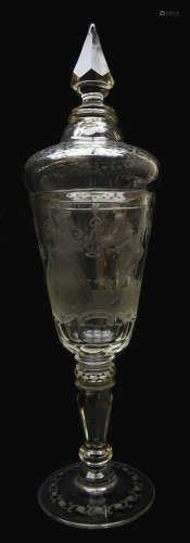 19th century Bohemian clear glass goblet and cover the body etched with a couple in woodland