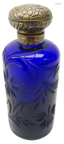 Bristol blue etched glass scent bottle with embossed silver top, by K.