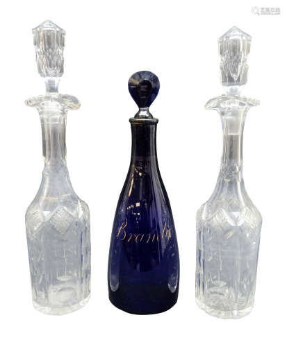 19th century Bristol Blue glass decanter with lozenge shaped stopper,