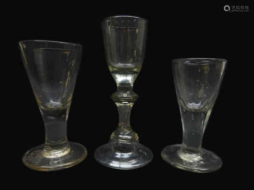 18th century drinking glasses; dram glass, ogee bowl, internal tear on folded and domed foot H13cm,