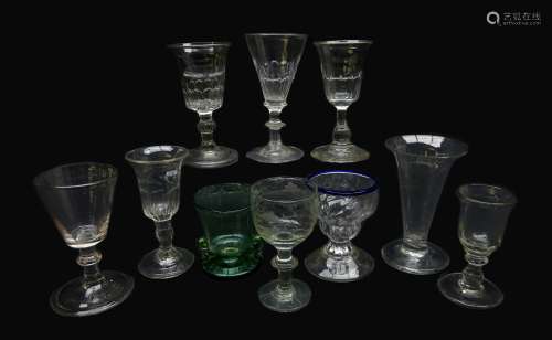 Ten 19th century drinking glasses comprising wine glass with trumpet bowl,