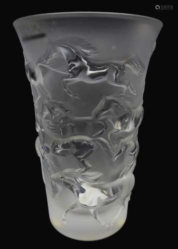 Lalique frosted glass vase decorated in the Mustang pattern, depicting a herd of wild horses,