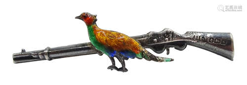 Silver and enamel Shooting bar brooch modelled as a Pheasant and Rifle by Adie & Lovekin,