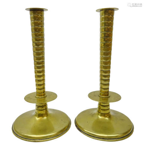 Pair 17th century style brass trumpet candlesticks,