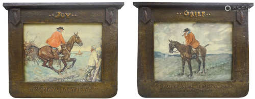Pair Arts & Crafts hammered copper frames titled 'Joy' & 'Grief' flanked by two Fox tail embossed